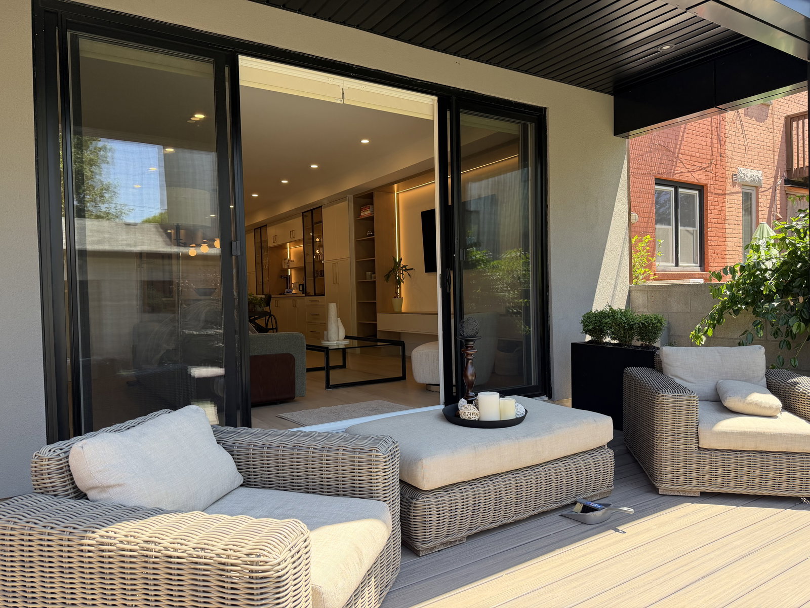 Modern patio with lounge furniture.