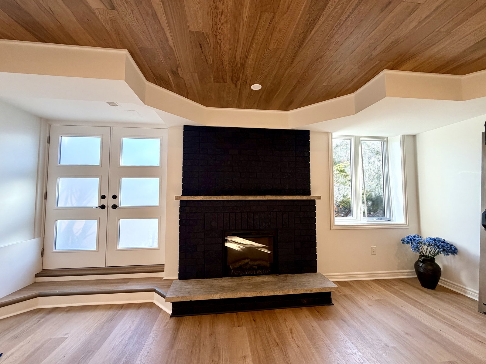 Living room with black fireplace.
