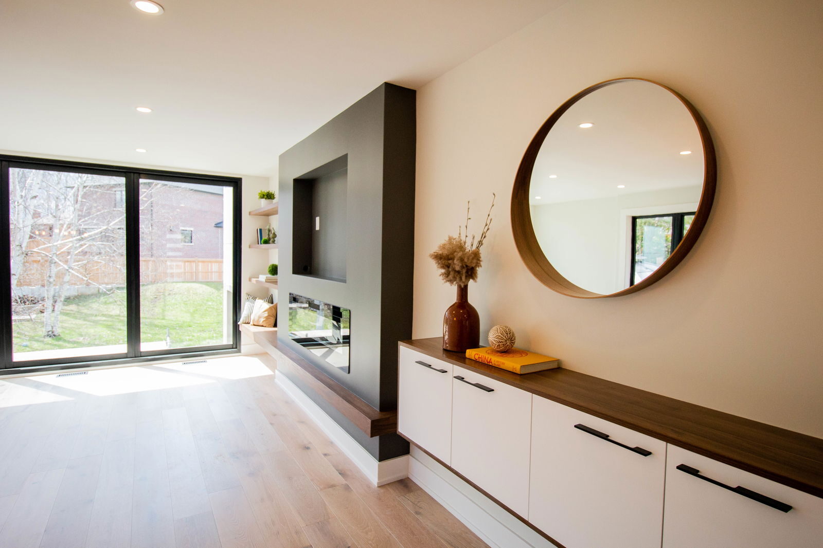 Bright family room with fireplace