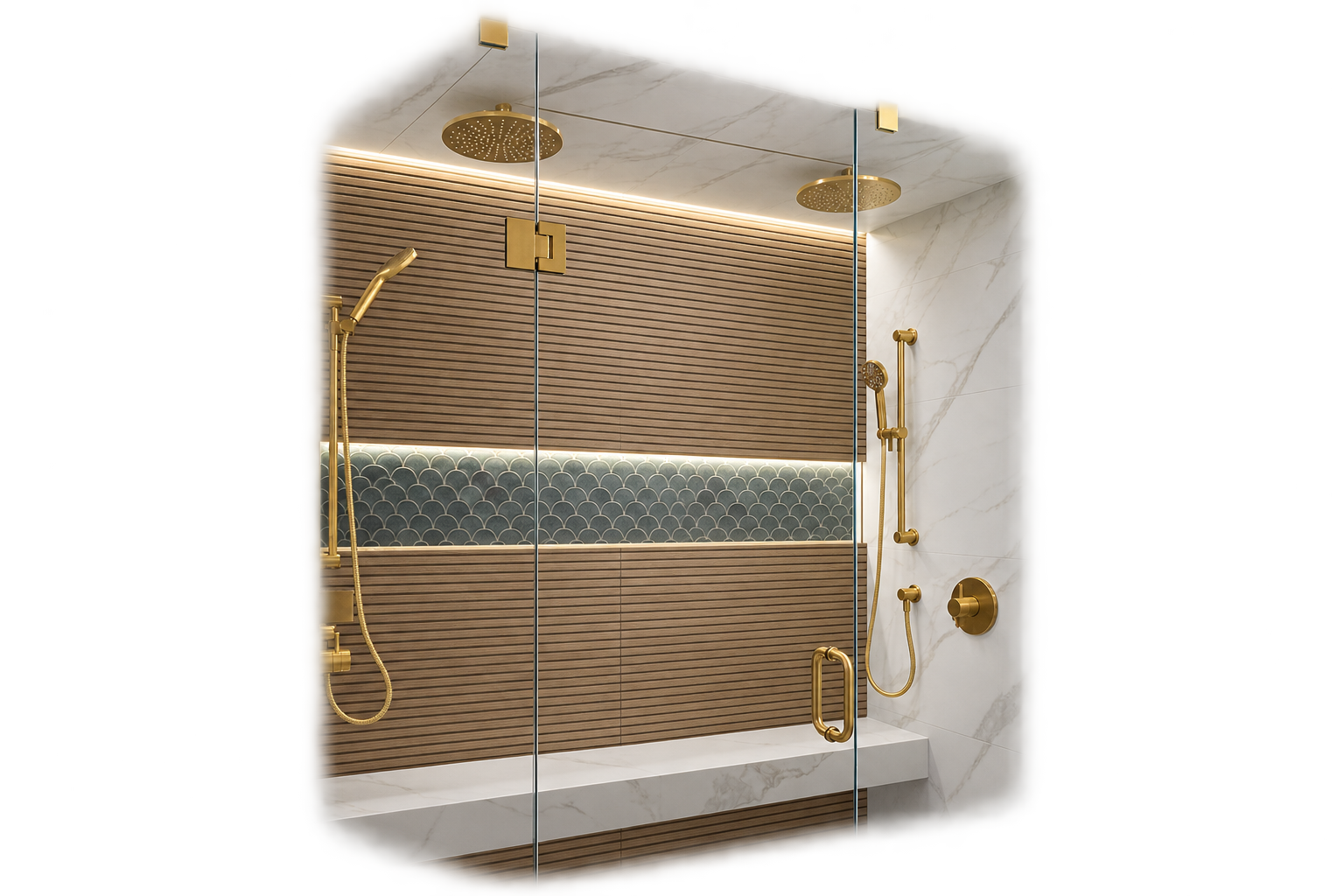 A modern walk-in shower with high-end tiling and accessible features.