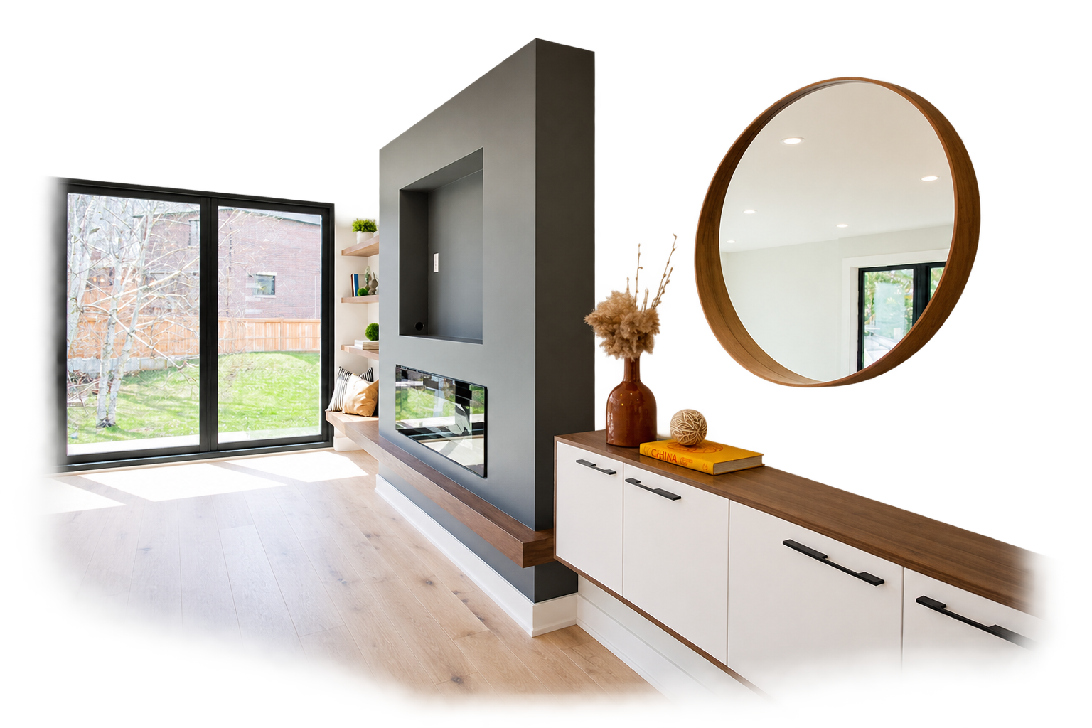 A modern and accessible home entryway featuring bright lighting and a clean layout suitable for aging in place.