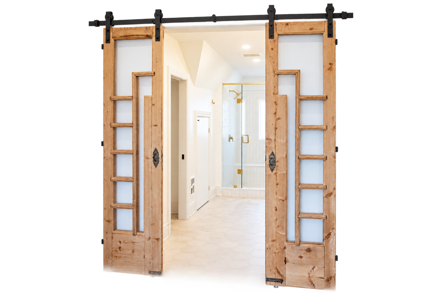 Reclaimed wood barn doors opening to a renovated primary ensuite