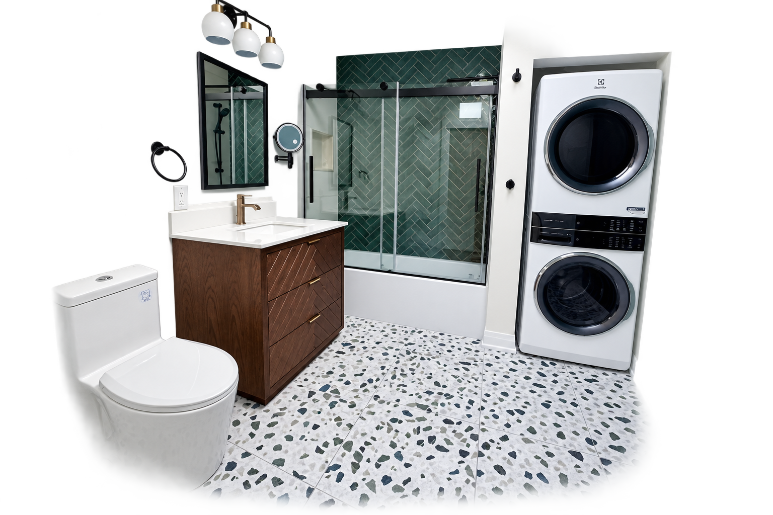 A compact, finished bathroom with stacked laundry in a self-contained secondary suite.