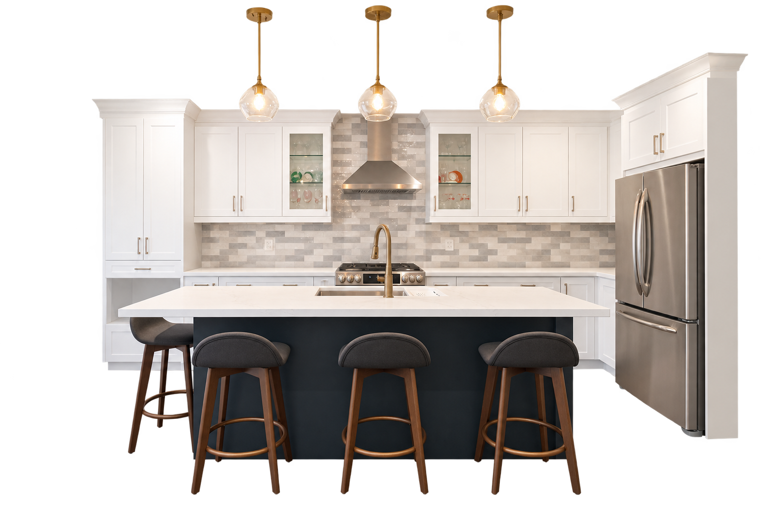 White kitchen with island, cabinetry, and brass pendant lighting